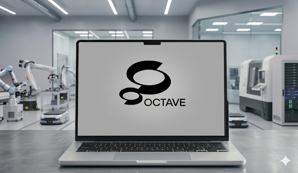 Ekran komputera na tle fabryki. Na ekranie logo Octave.