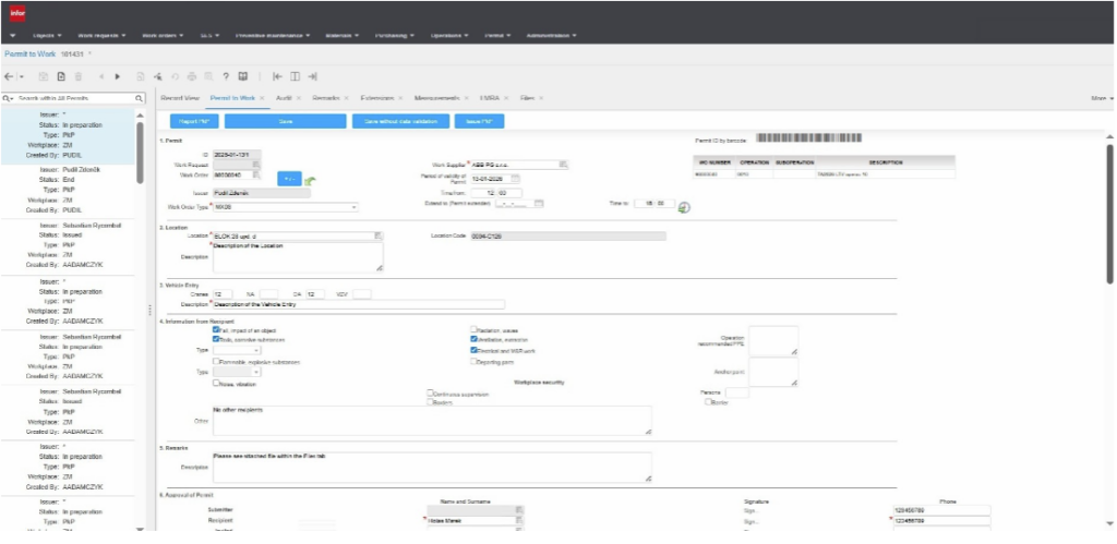 screen z narzędzia Permit to Work - Eurotronic